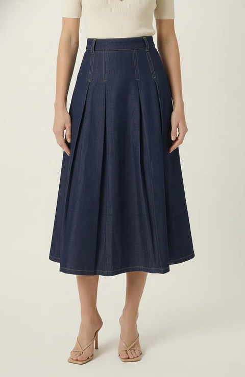 High Waist Pleated Detail A-Line Midi Skirt