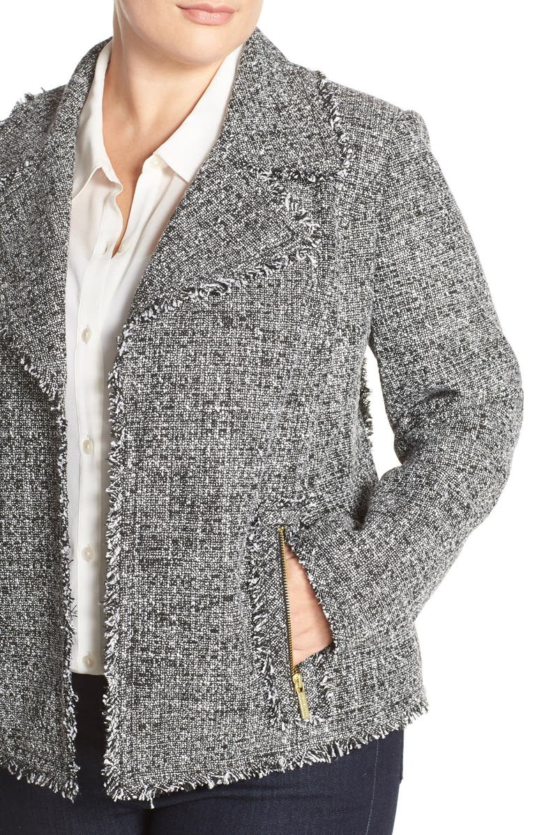 MICHAEL Michael Kors Fringe Trim Tweed Notch Collar Jacket, Alternate, color, 
