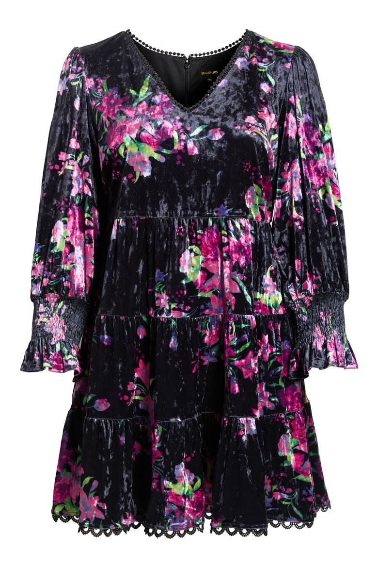 Tulda Amari Floral Long Sleeve Tiered Velvet Dress, Alternate, color, BLACK-MULTI