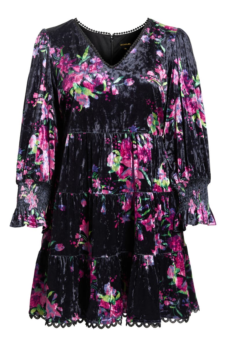 SUGARLIPS Tulda Amari Floral Long Sleeve Tiered Velvet Dress, Alternate, color, Black-Multi