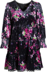 SUGARLIPS Tulda Amari Floral Long Sleeve Tiered Velvet Dress