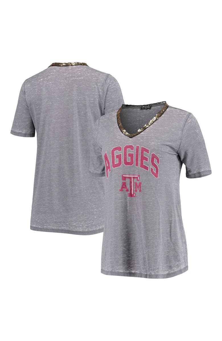 GAMEDAY COUTURE Women's Gray Texas A&M Aggies Sparkle Now Snow Wash Sequin Burnout V-Neck T-Shirt, Main, color,