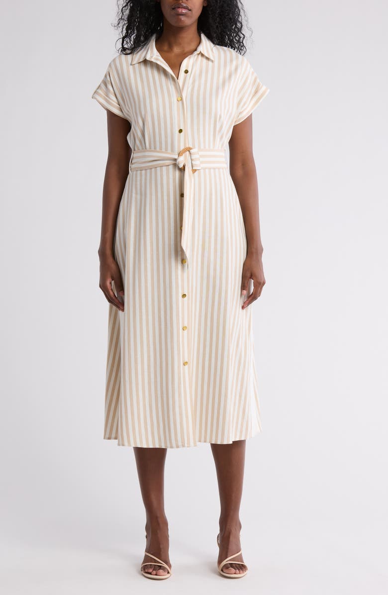 Ellen Tracy Stripe Short Sleeve Midi Shirtdress, Main, color, 