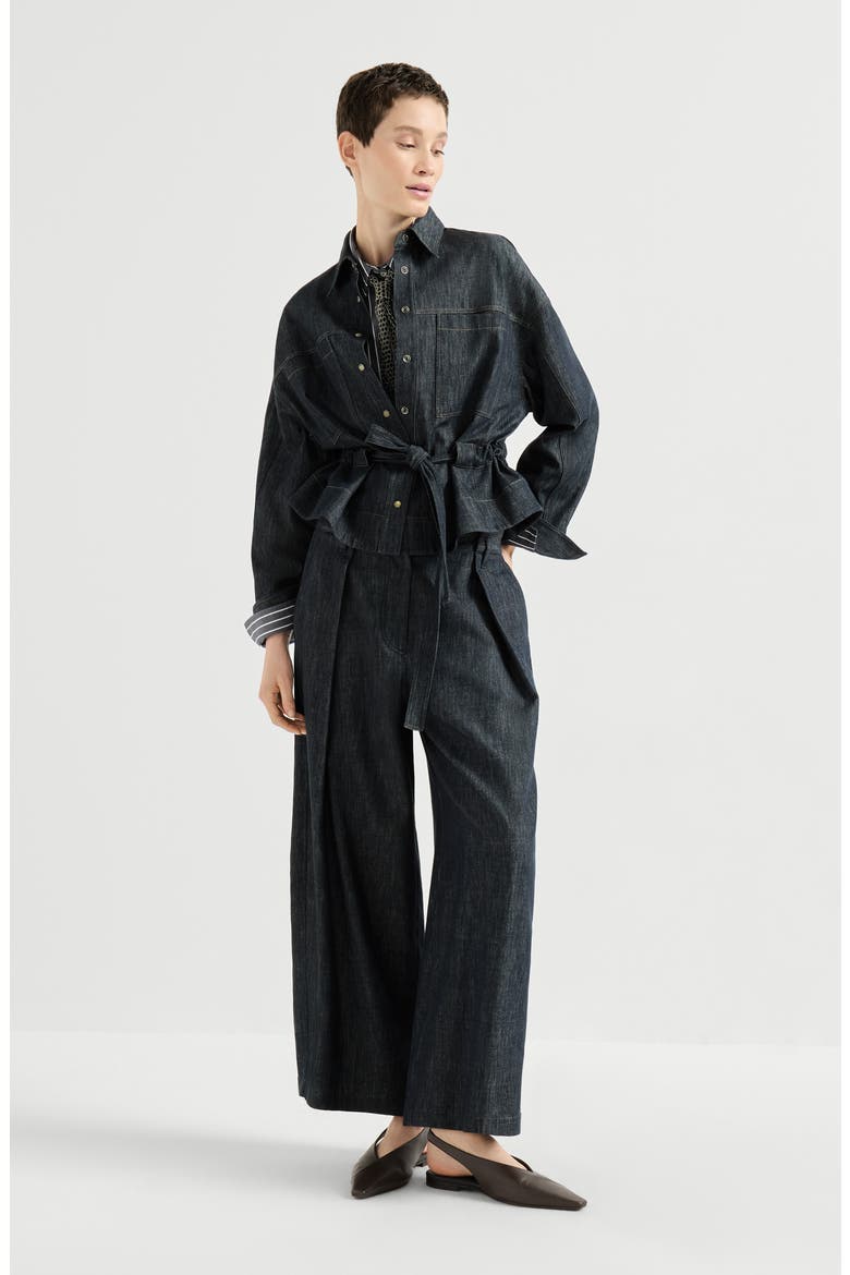 Denim-effect twill pleated A-line trousers with shiny loop, Alternate, color, Denim
