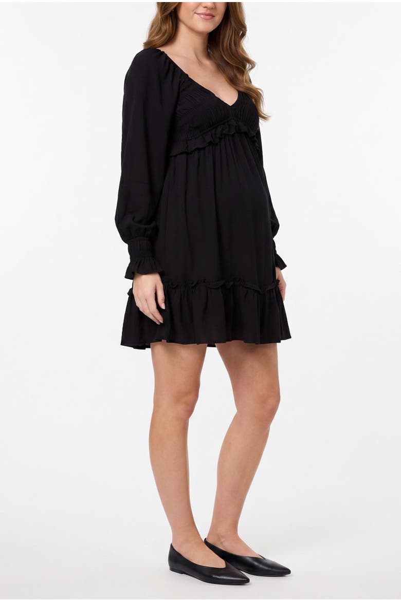 V-Neck Long Sleeve Smocked Tiered Short Dress, Alternate, color, Black