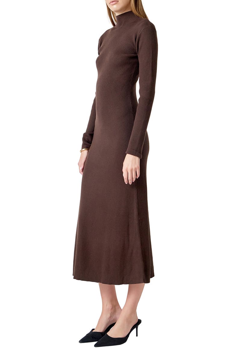Mock Neck Long Sleeve Rib Sweater Midi Dress, Alternate, color, CHOCOLATE