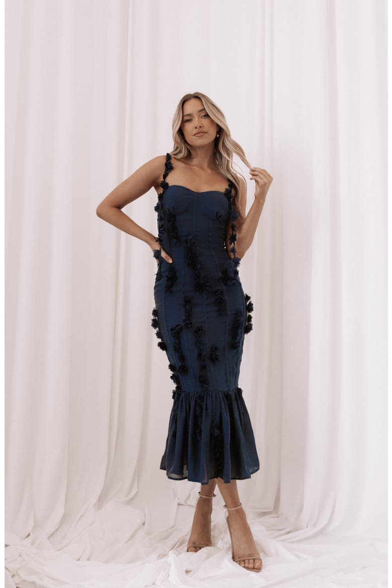 Posedly Rosette Mermaid Midi Dress, Alternate, color, NAVY