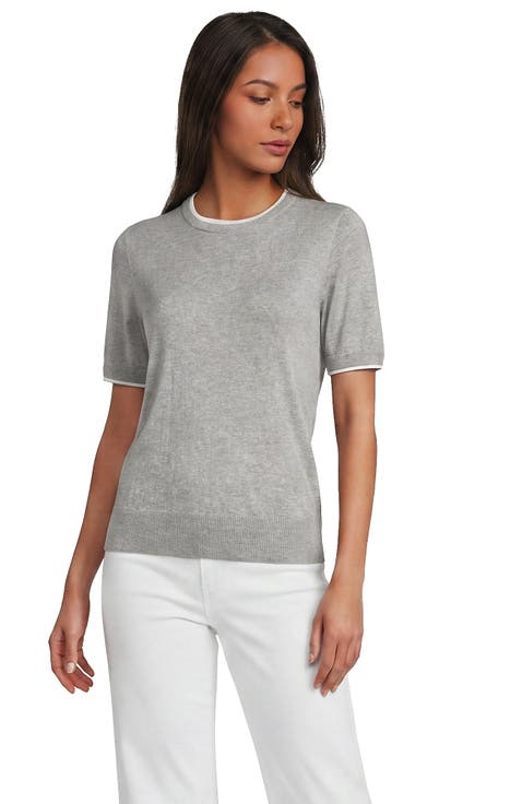 Double Trim Cotton Crew Neck Tee Sweater