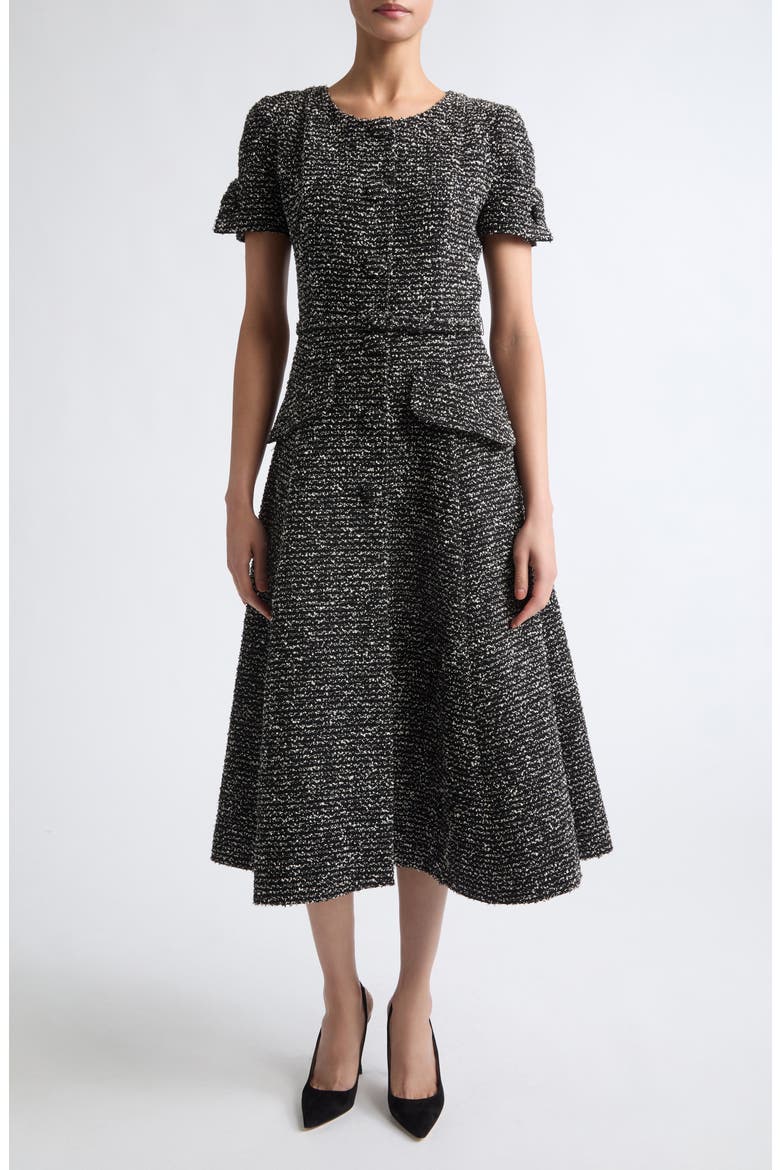 Short Sleeve Tweed Midi Dress with Belt, Main, color, BLACK/ WHITE