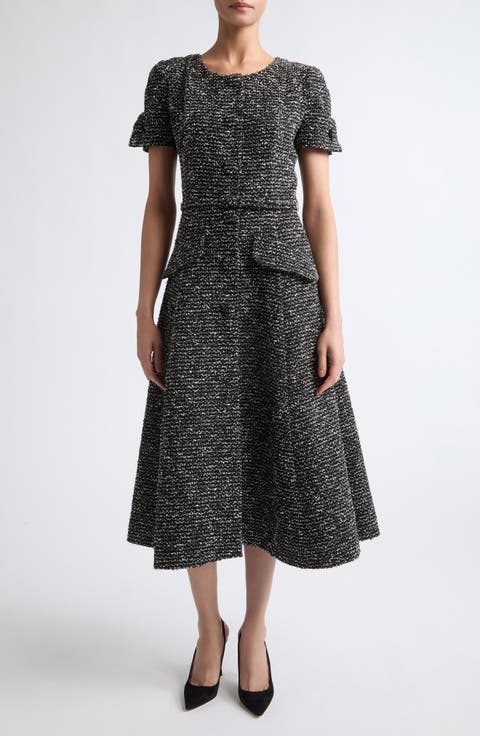 Short Sleeve Tweed Midi Dress with Belt