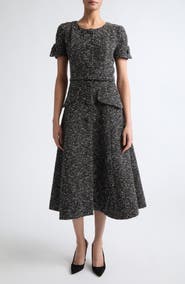 Carolina Herrera Short Sleeve Tweed Midi Dress with Belt