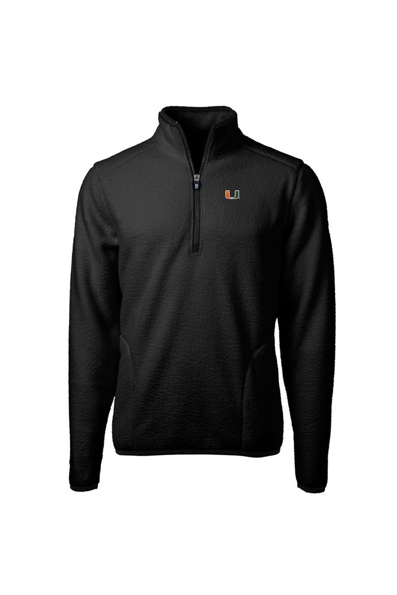 Men's Cutter & Buck Black Miami Hurricanes Team Logo Cascade Eco Sherpa Fleece Quarter-Zip Pullover Jacket, Main, color, Black