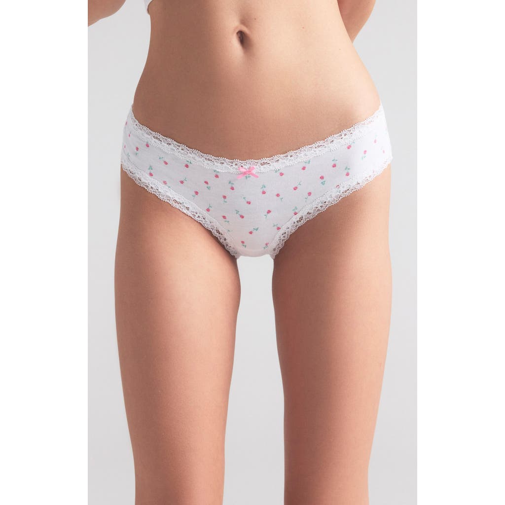 Skims Lightweight Cotton Lace Trim Briefs In Snow Rose Print