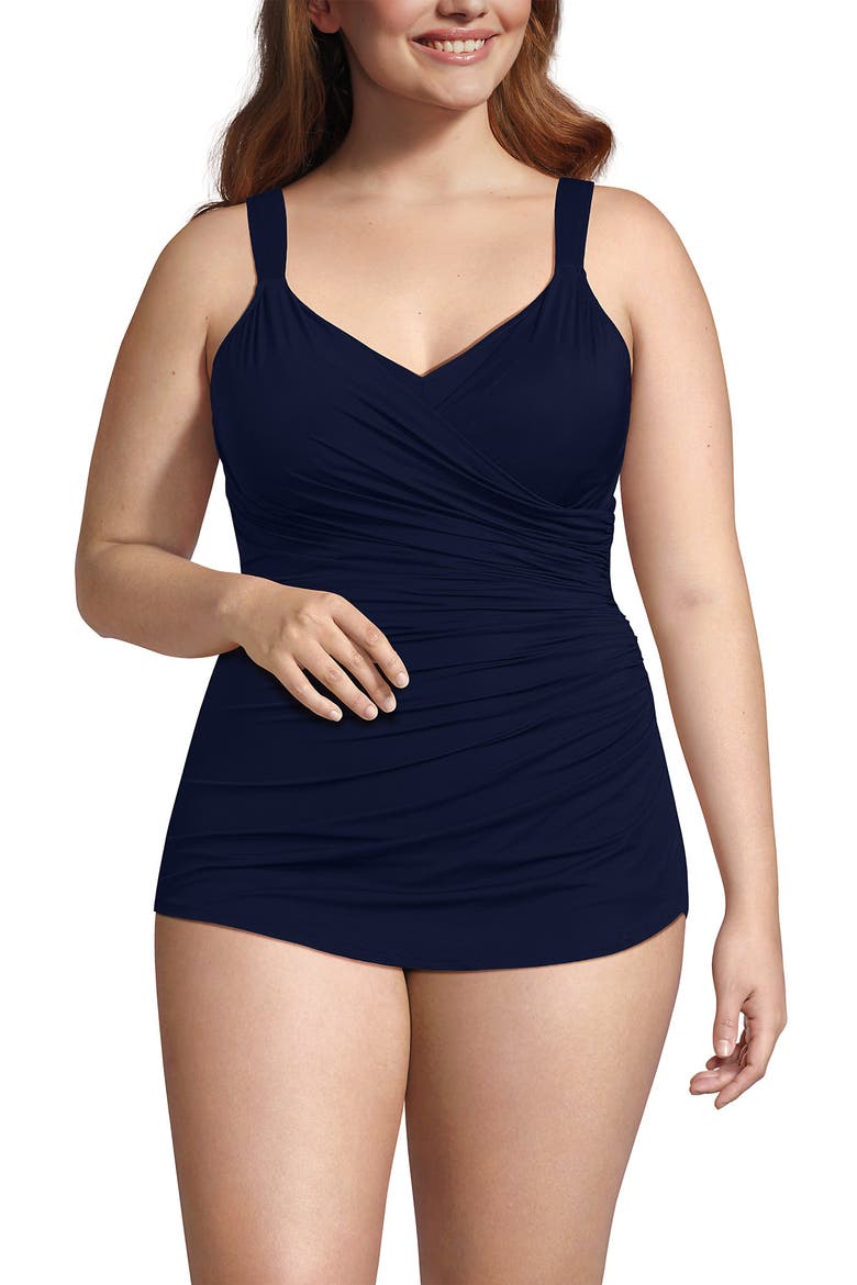 Plus Size SlenderSuit V-Neck Skirted Low Leg One Piece, Main, color, Deep Sea Navy
