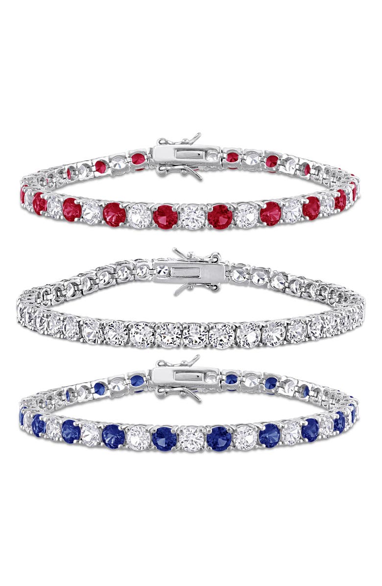 DELMAR Set of 3 Sterling Silver Lab Grown White Sapphire, Blue Sapphire & Ruby Tennis Bracelets, Main, color, Silver Multi