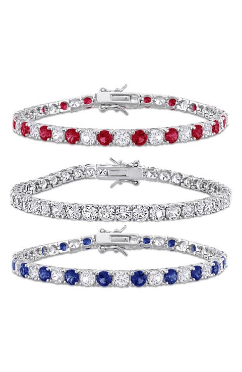 Set of 3 Sterling Silver Lab Grown White Sapphire, Blue Sapphire & Ruby Tennis Bracelets