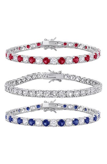 Delmar Set Of 3 Sterling Silver Lab Grown White Sapphire, Blue Sapphire & Ruby Tennis Bracelets In Silver Multi