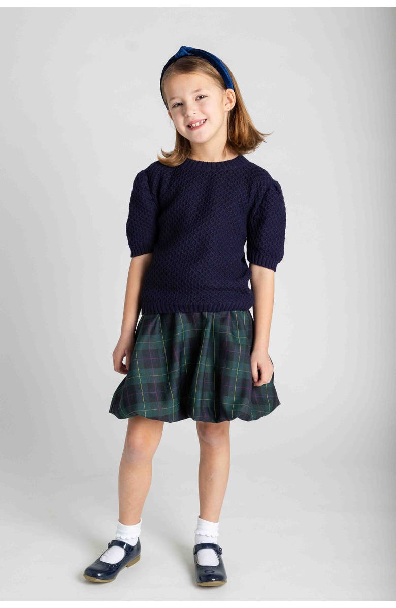 Florence Eiseman Navy Short Sleeve Sweater With Puff Sleeves, Alternate, color, Navy
