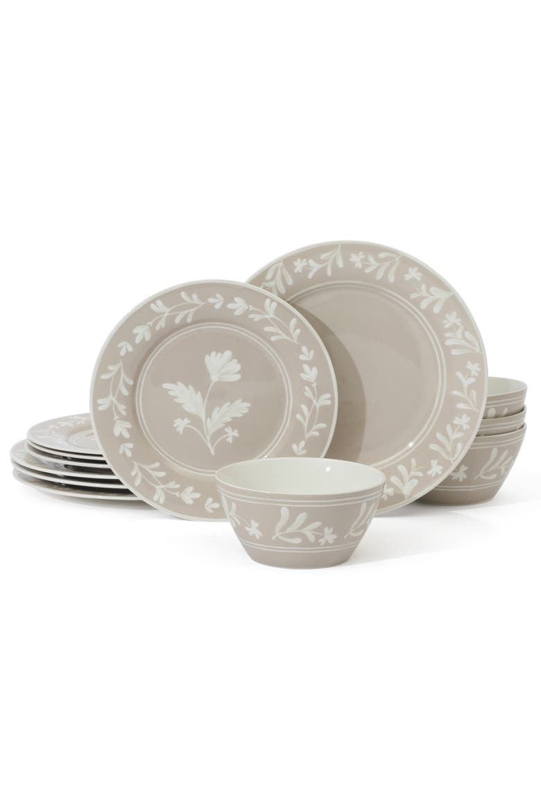 Maiden Crown 12-Piece Vegan Bone China Dinnerware Set, Floral Plates & Bowls, Service for 4, Main, color, Taupe