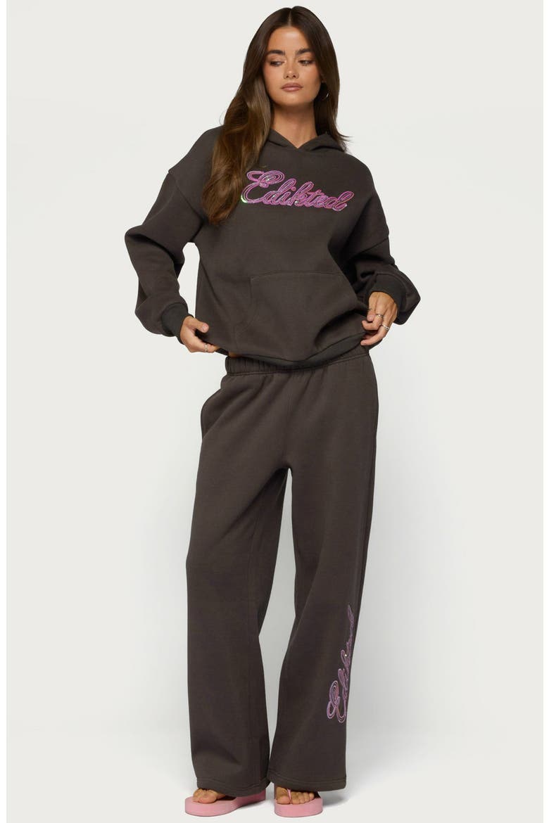 Always Edikted Sequin Logo Wide Leg Sweatpants, Alternate, color, DARK-GRAY