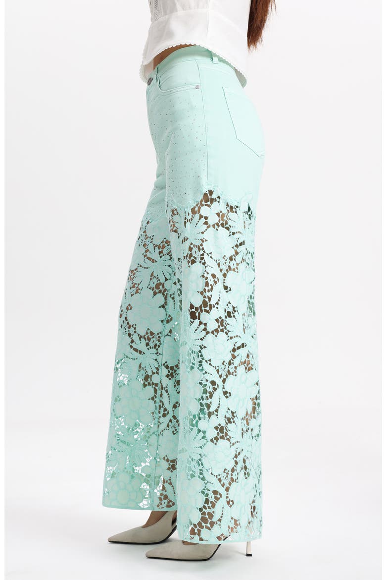 Crystal Embellished Lace Wide Leg Jeans, Alternate, color, MINT GREEN