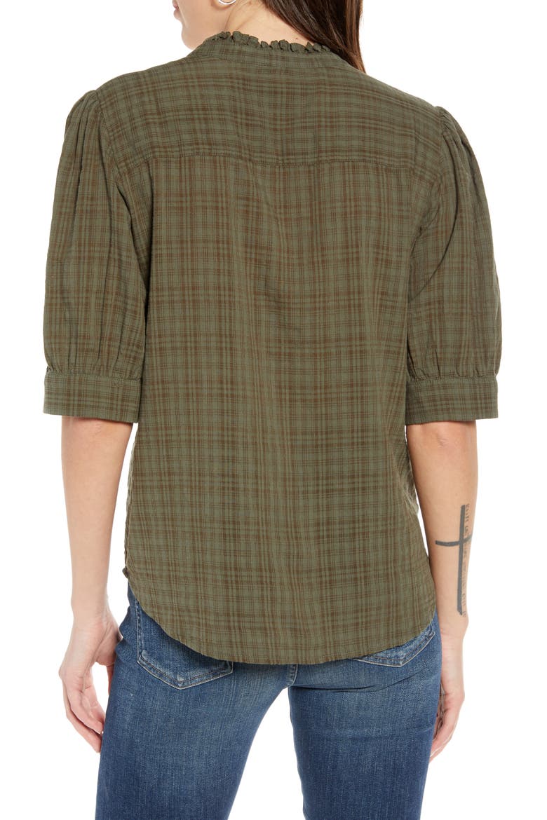 Split Neck Check Top, Alternate, color, OLIVE SARMA