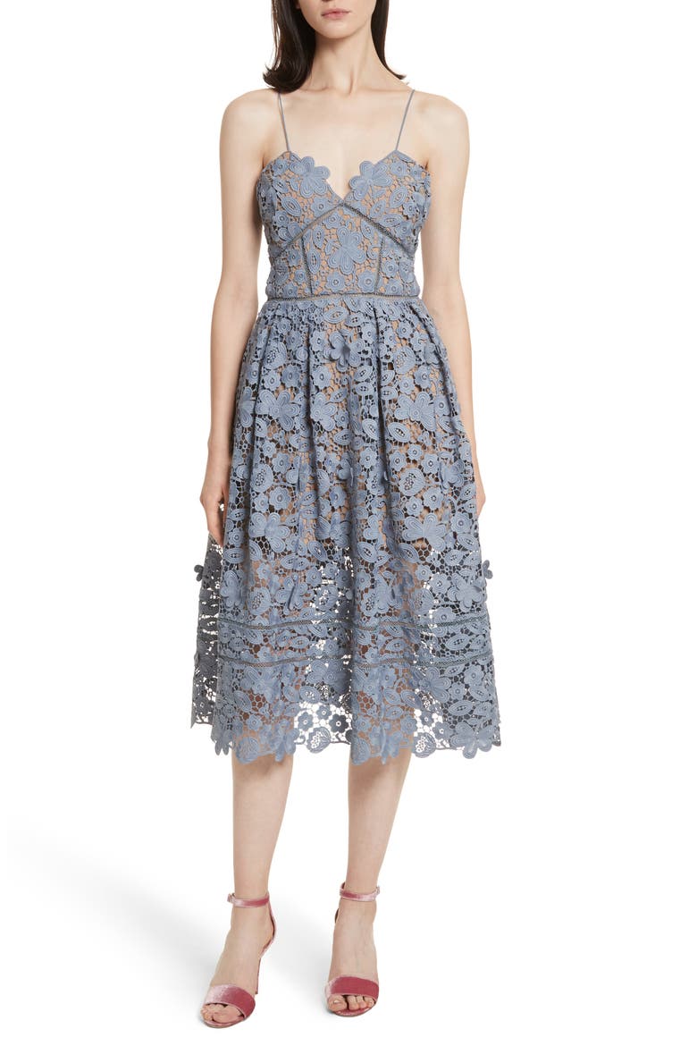 Azaelea 3D Lace Fit & Flare Dress, Main, color, DOVE GREY