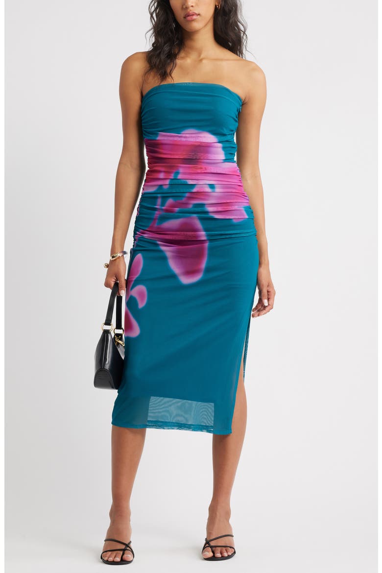 Ruched Strapless Mesh Dress, Main, color, TEAL- PINK BLURRY FLORAL