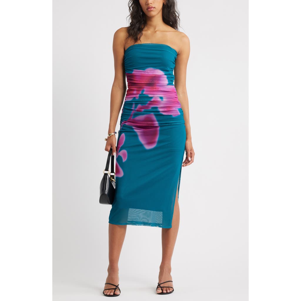 Open Edit Ruched Strapless Mesh Dress In Blue
