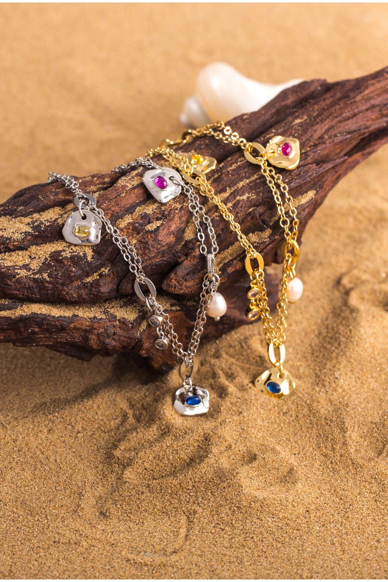 Iris Colored Cubic Zirconia and Freshwater Pearl Charms Anklet, Alternate, color, Gold