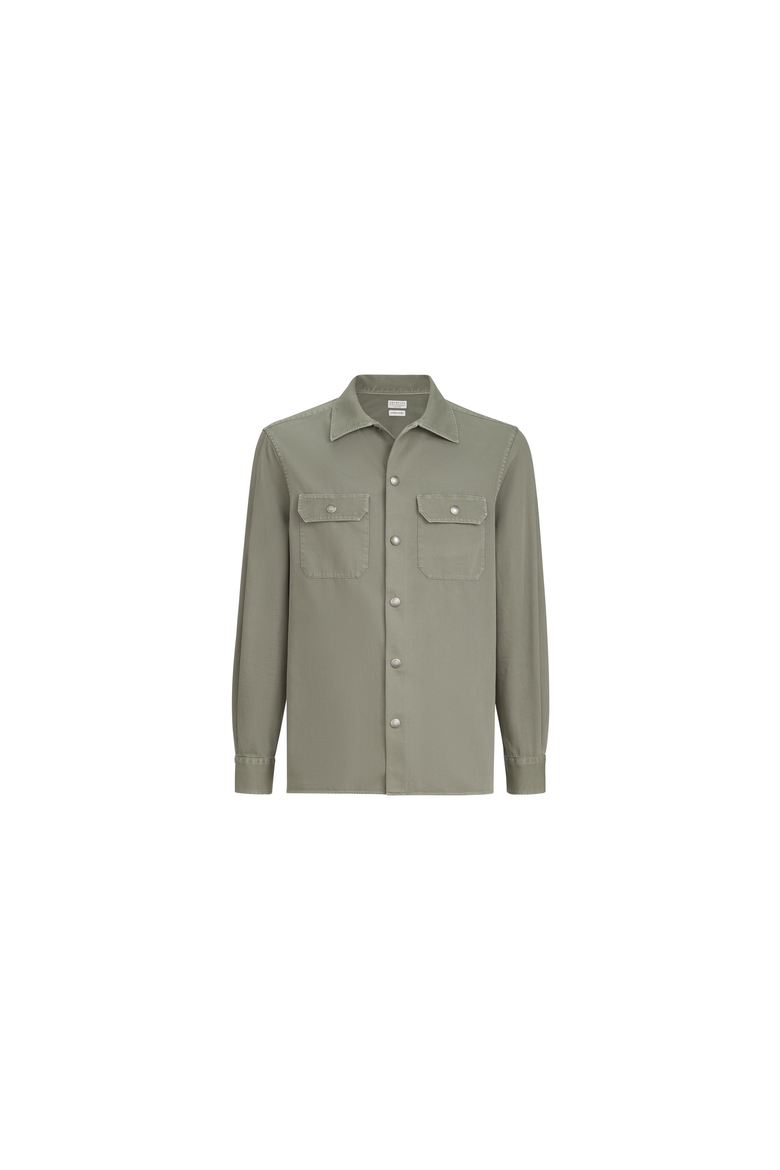 Garment-dyed overshirt in cotton gabardine with spread collar and chest pockets, Alternate, color, Military