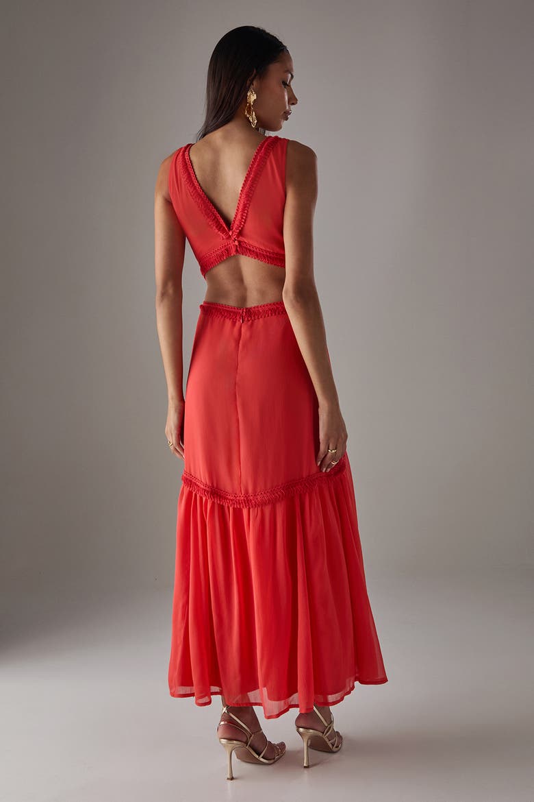 Chiffon Fringe Trim Cut Out Maxi Dress, Alternate, color, Red