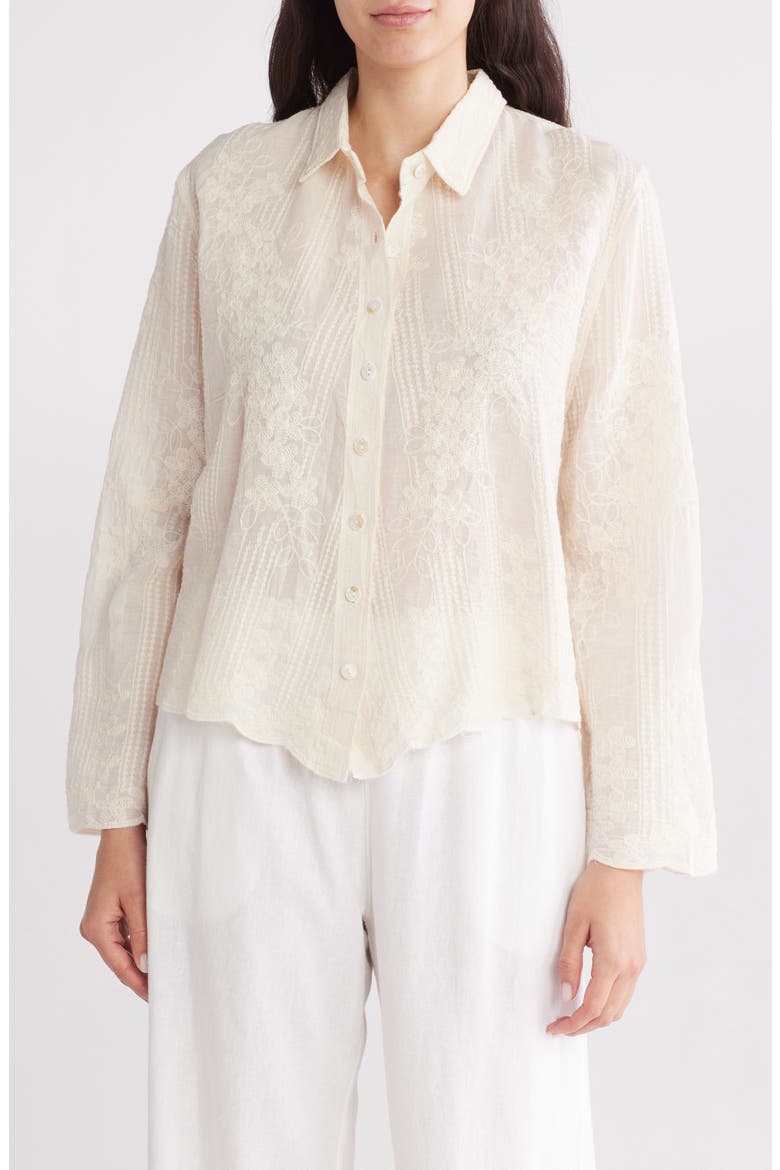 Floral Embroidered Cotton Button-Up Shirt, Main, color, NATURAL