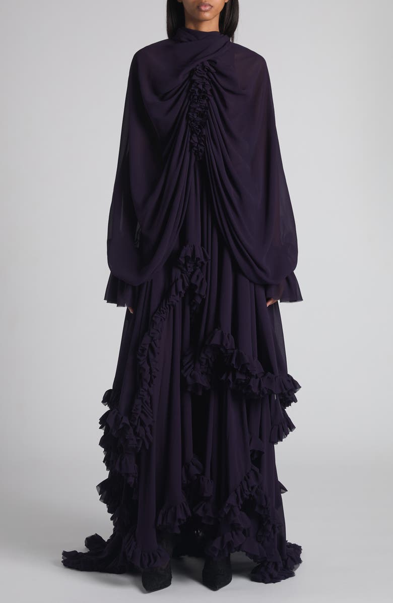 McQueen Draped Ruffle Long Sleeve Silk Georgette Gown, Main, color, Violet