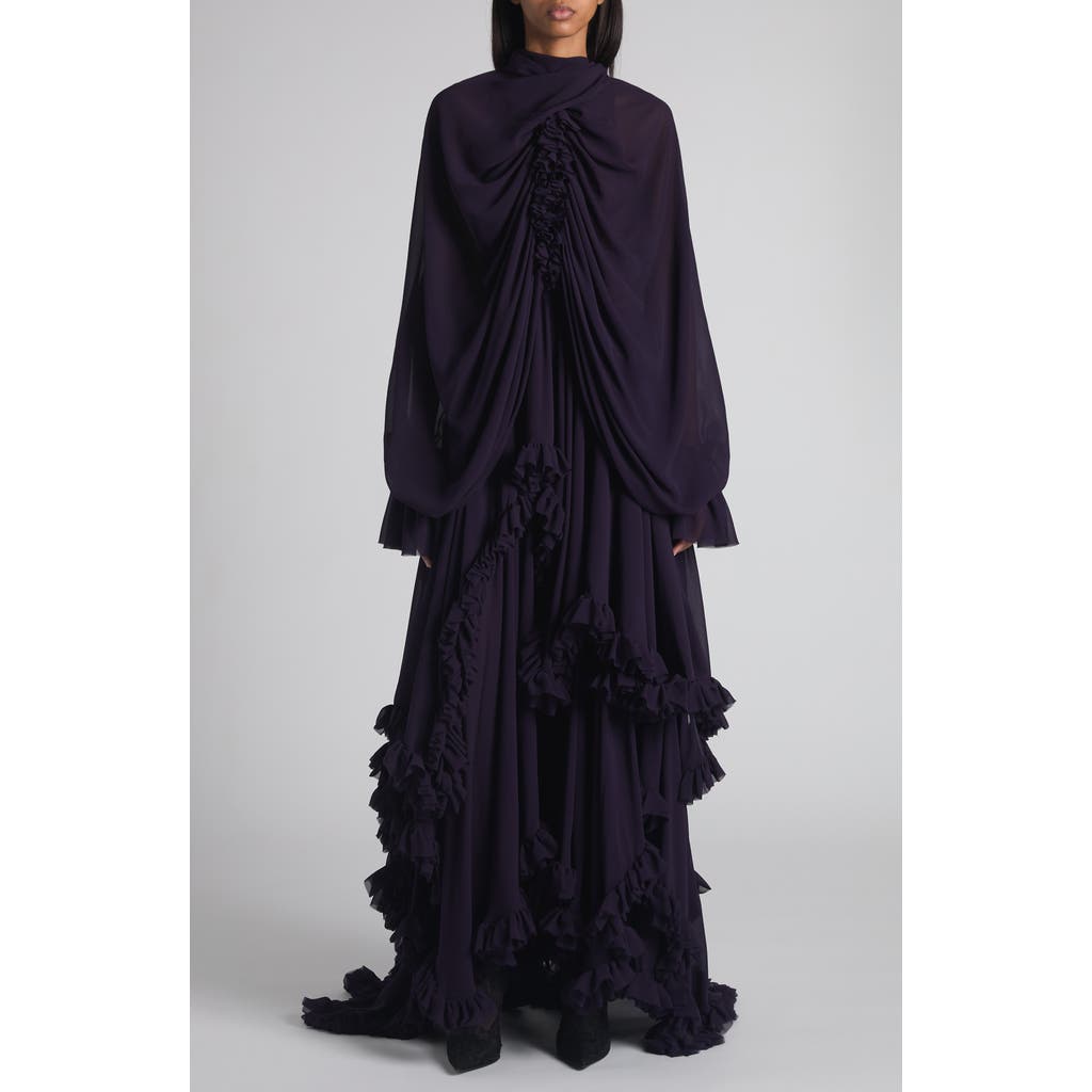 Alexander Mcqueen Mcqueen Draped Ruffle Long Sleeve Silk Georgette Gown In Blue