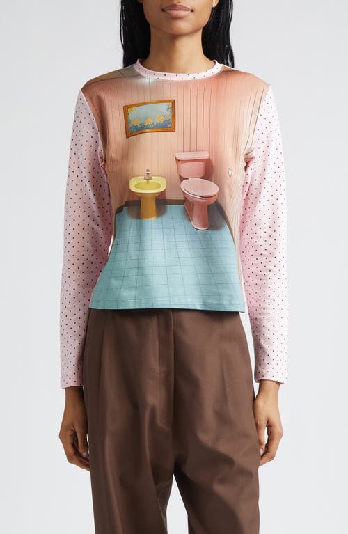 Ashley Williams Bathroom Print Long Sleeve Cotton T-Shirt in Pink Multi  product