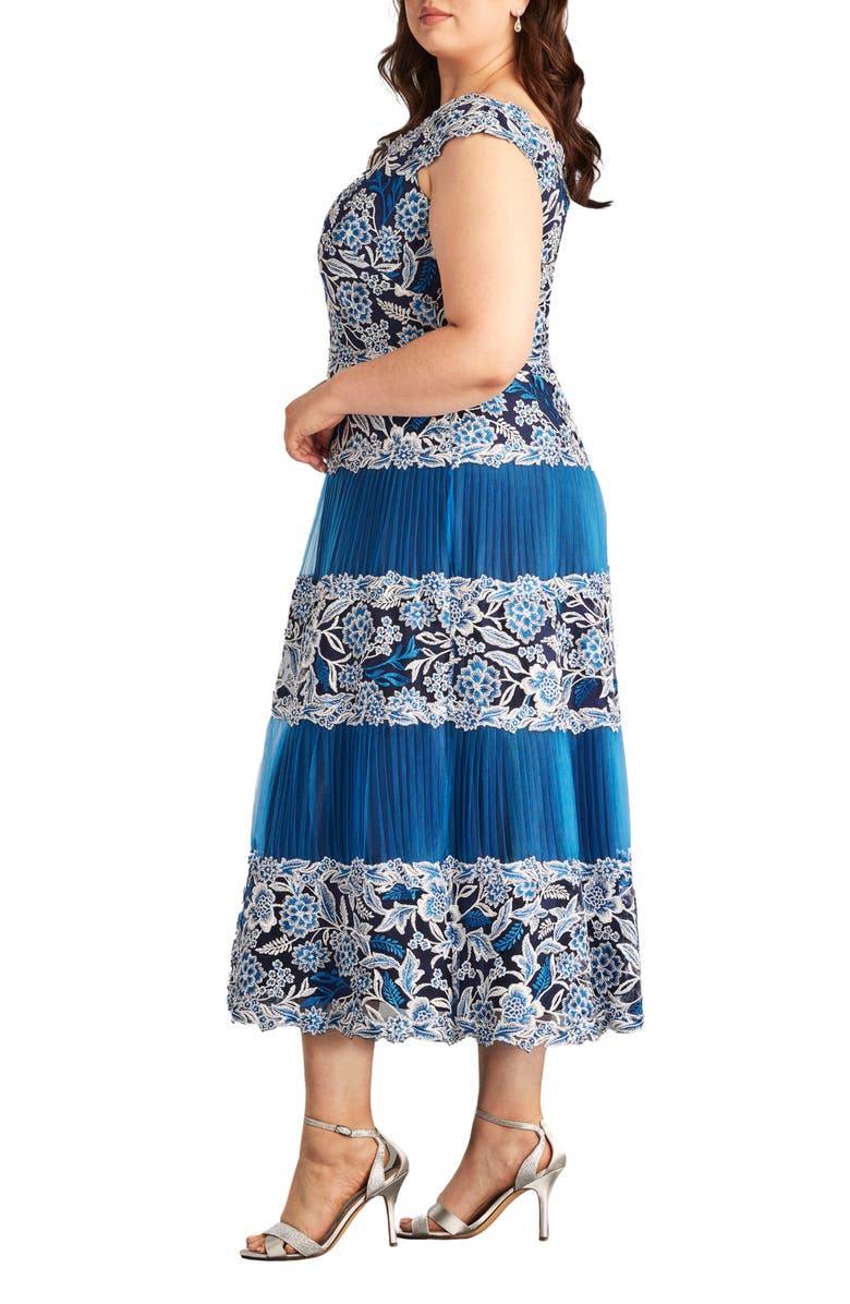Tadashi Shoji Floral Embroidery Pleated Off the Shoulder Midi Dress, Alternate, color, Pacific Blue