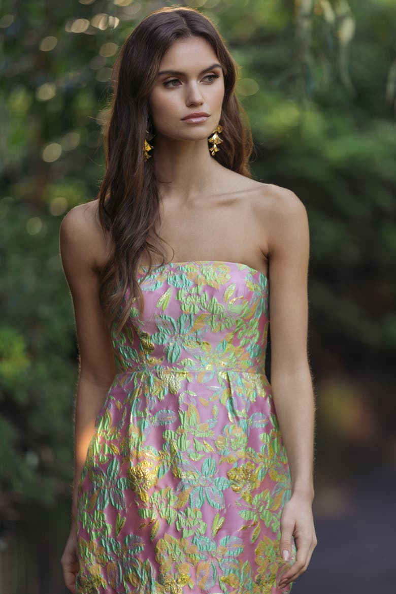 Strapless Floral Brocade Midi Dress, Alternate, color, Blush Multi