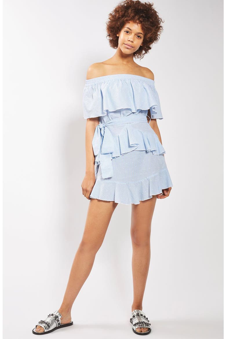 Bardot Ruffle Stripe Dress, Alternate, color, LIGHT BLUE