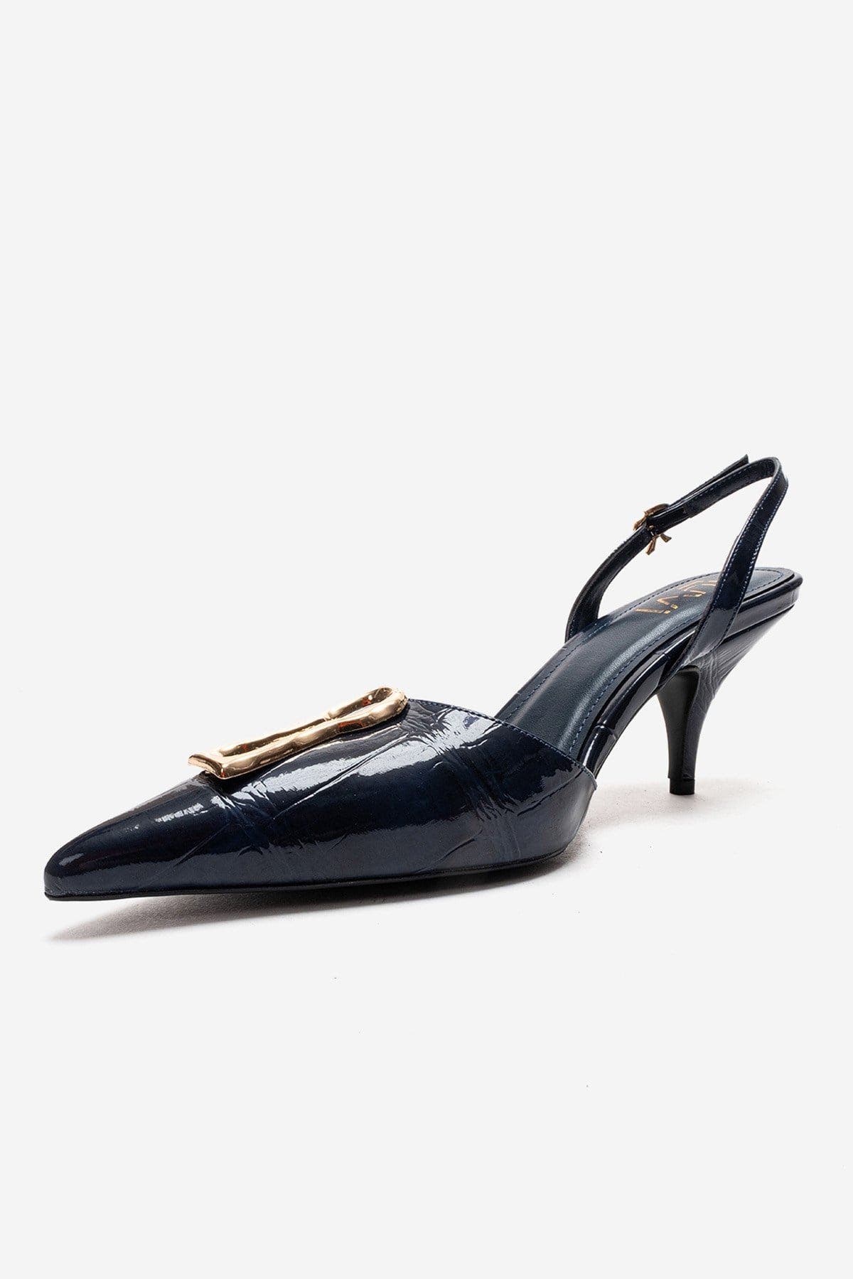Yvella Buckle Pointed Toe Stiletto Pump, Alternate, color, Navy Print