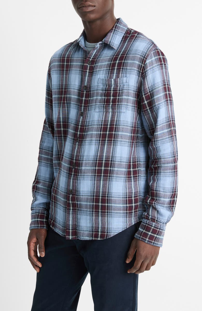 Vince Napa Plaid Twill Button-Up Shirt, Main, color, Blue Cloud/Malbec
