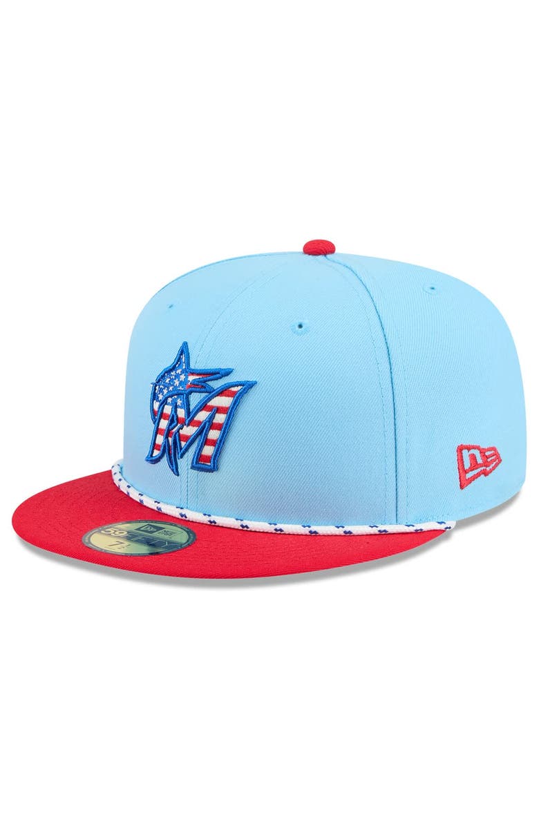 New Era Men's New Era Light Blue/Red Miami Marlins 2025 Fourth of July 59FIFTY Fitted Hat, Alternate, color, Light Blue