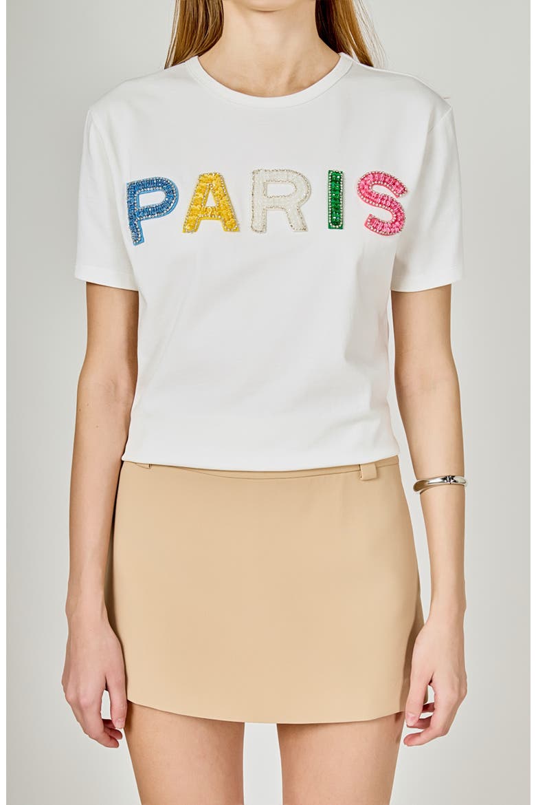 Crystal & Bead Embellished Graphic Cotton T-Shirt, Main, color, WHITE