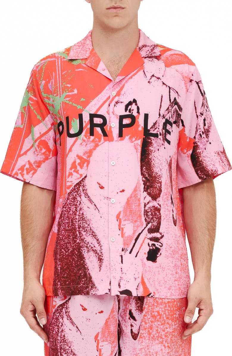 PURPLE BRAND Abstract Print Short Sleeve Graphic Button-Up Shirt, Main, color, 