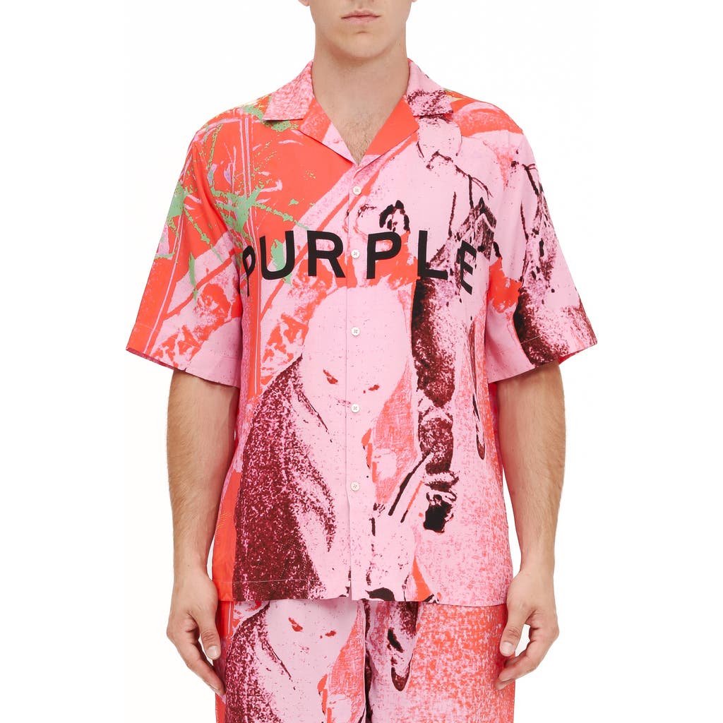 Purple Brand Abstract Print Short Sleeve Graphic Button-up Shirt In Pink Multi