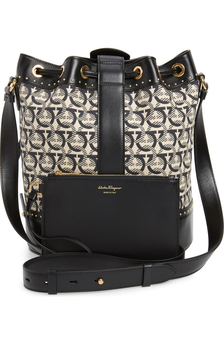 FERRAGAMO Salvatore Ferragamo Leather & Jacquard Bucket Bag, Alternate, color,