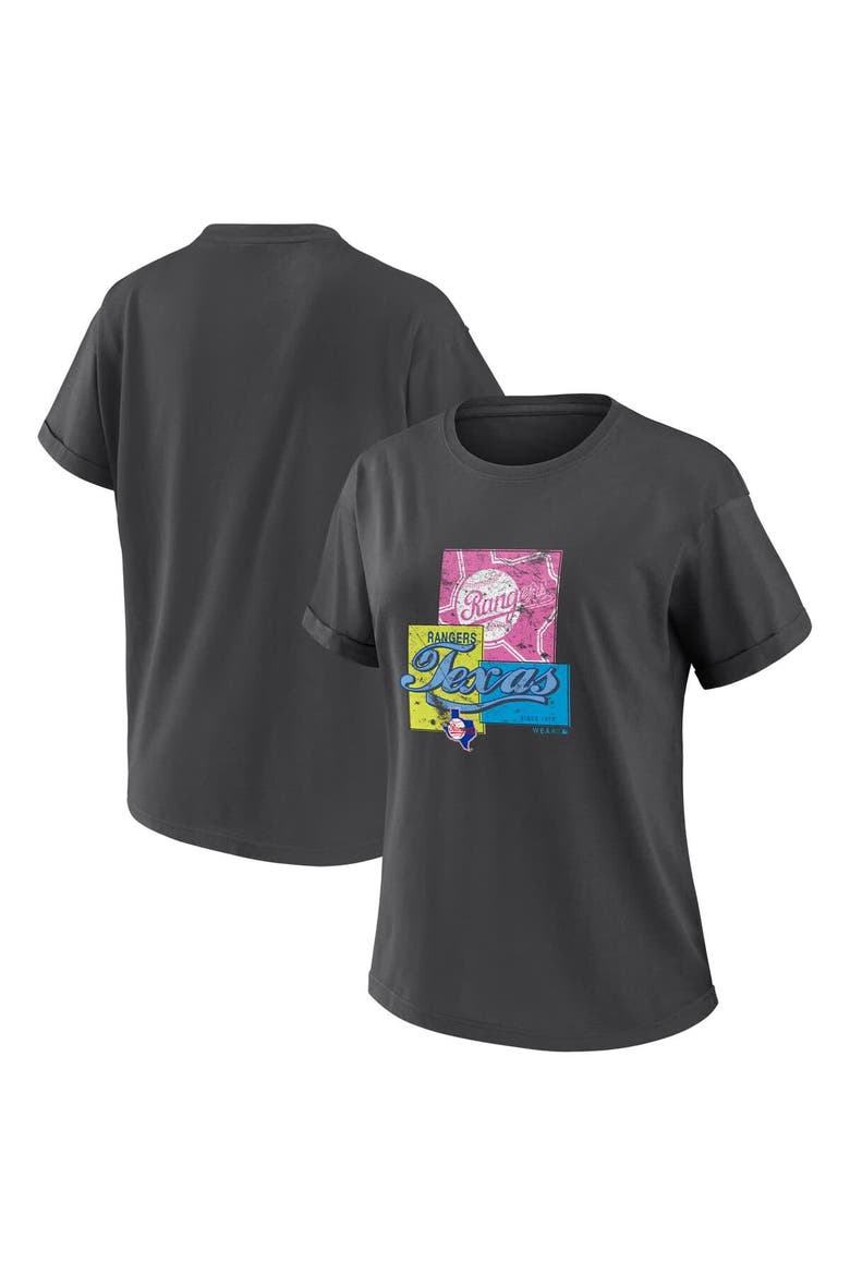 Women's WEAR by Erin Andrews Charcoal Texas Rangers Domestic Box Color Boyfriend T-Shirt, Main, color, Charcoal