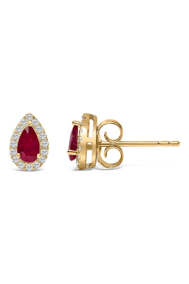 10K Yellow Gold 5X3 MM Pear-Cut Ruby and 1/7 Cttw Diamond Halo Stud Earrings, Alternate, color, Yellow