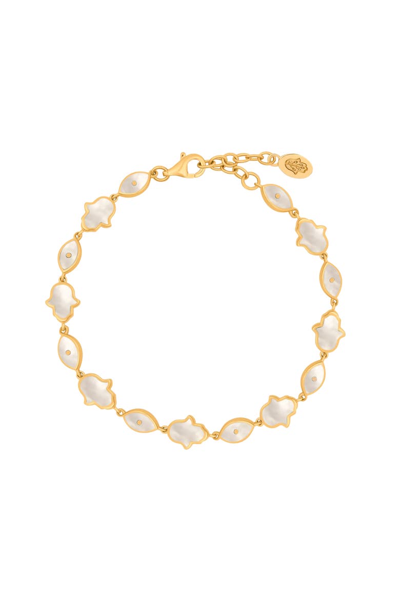 Sacred Light Mother of Pearl Evil Eye & Hamsa Gold Bracelet, Main, color, White/Gold