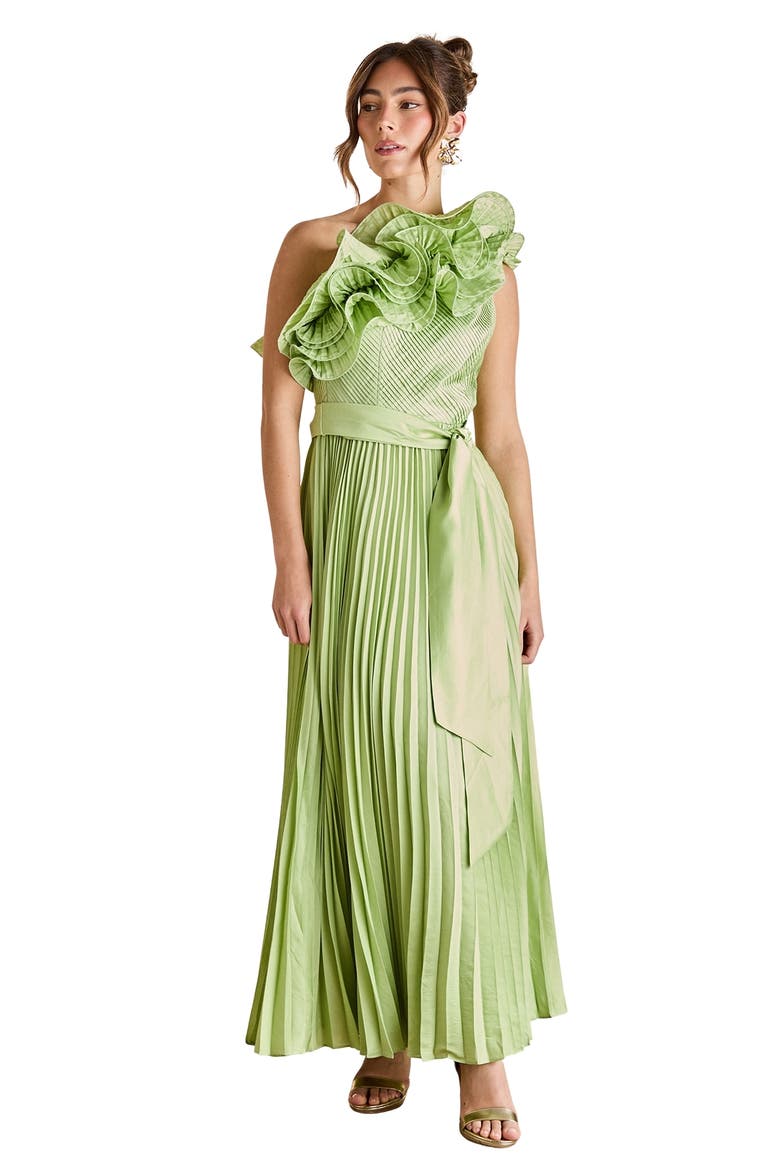 One Shoulder Pleated Skirt Maxi Dress, Main, color, Green